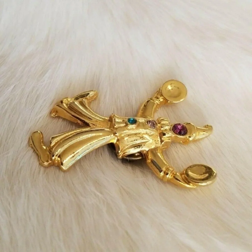 Vintage Rhinestone Clown Pin Brooch Lapel Playing Cymbals Gold Tone Circus 3685